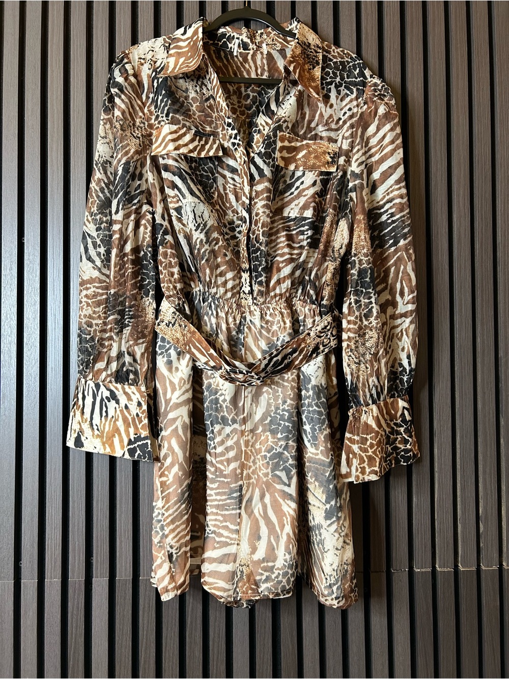 Women’s Long Sleeve Animal-Print Shirt Dress in Brown